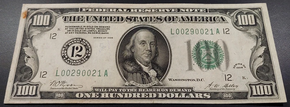 1928 $100 Federal Reserve Note "Big 12" San Francisco! Gold Clause! Fr# 2150 L. - Image 2 of 4