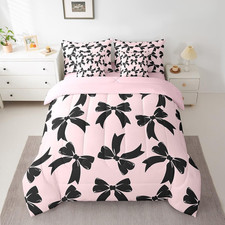 Cute Pink Bow 7-Piece Twin Bedding Set for Kids Room Decor, Soft Microfiber