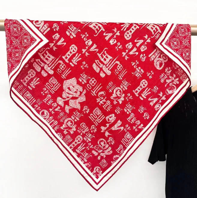 70% Cashmere 30% Silk Scarf Red totem Print Bandana 26'' Neckerchief Shawl Wrap