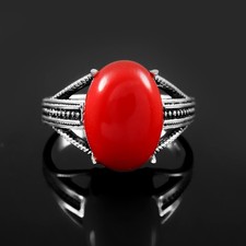 925 Sterling Silver Oval Red Coral Gemstone Handmade Jewelry Ring US All Size 