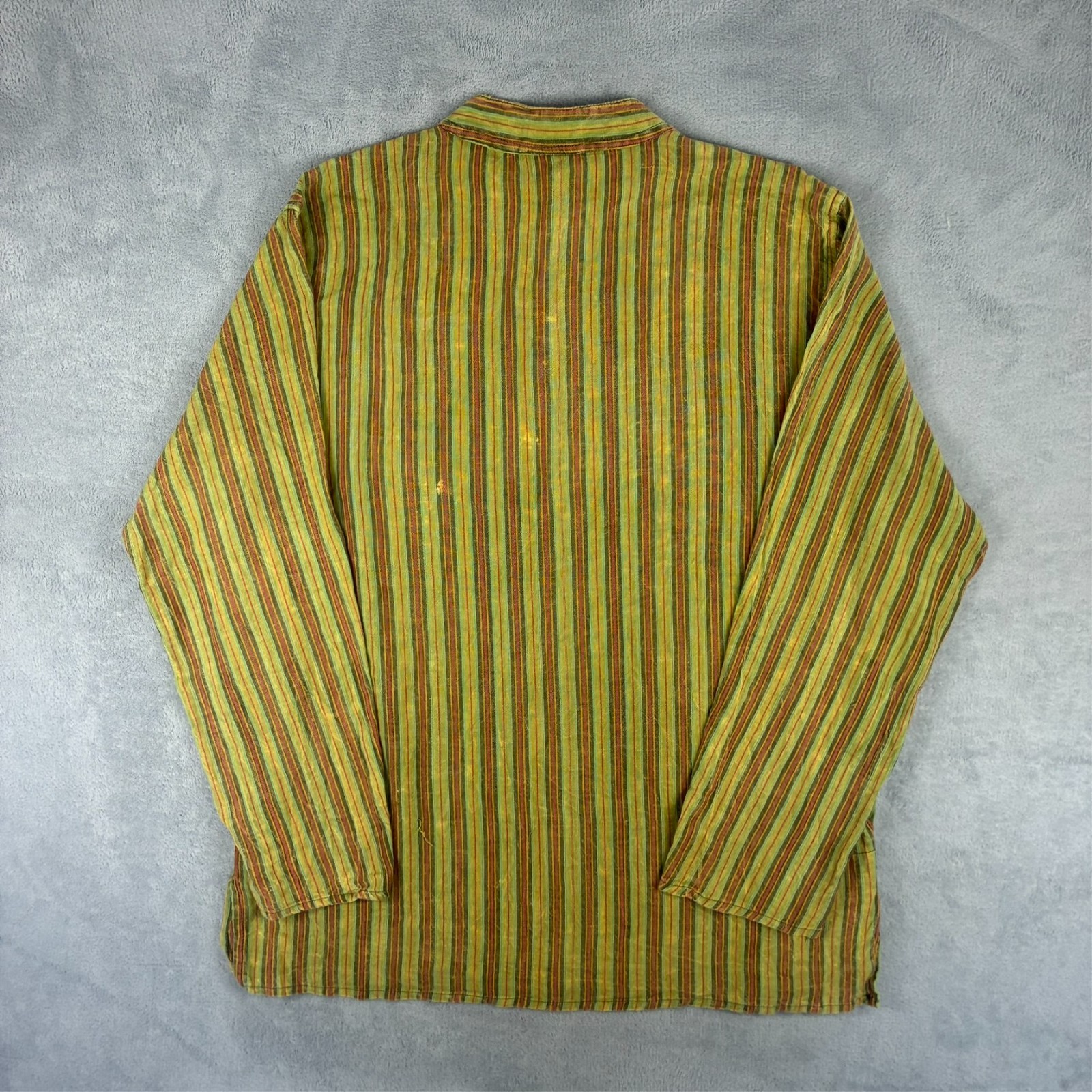 Vintage Gringo 2000s Green Striped Hippie Grandad Collar Large Long Sleeve Shirt image 7