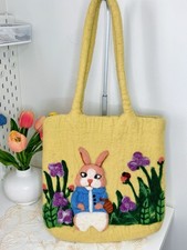 Yellow Tote Bag Bunny Floral Applique Shoulde...