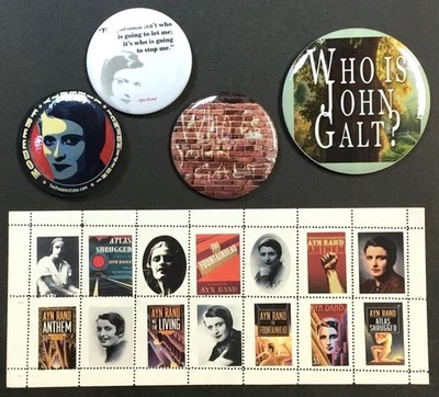 4 AYN RAND BUTTONS & POSTER STAMP SHEET of 14