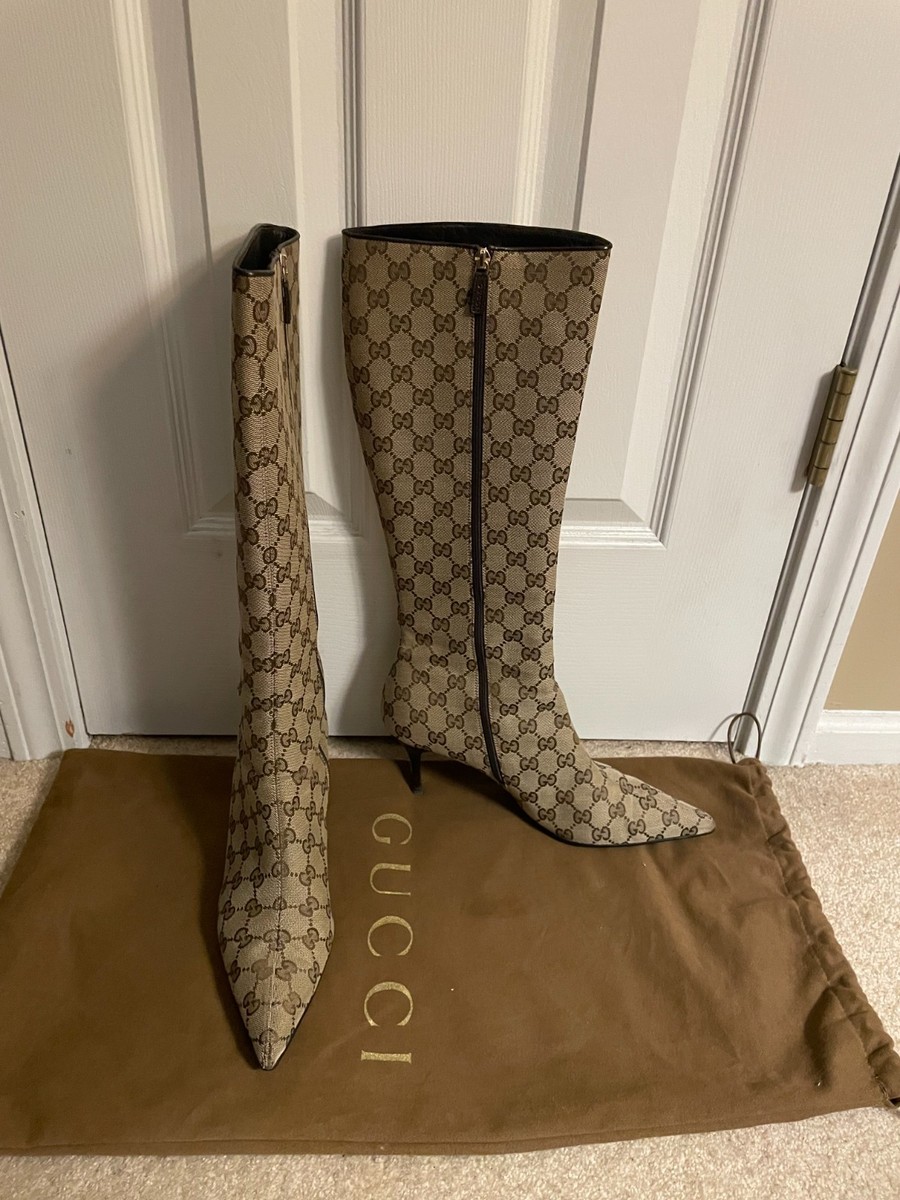 Authentic Gucci GG Monogram Canvas Knee High Boots Pointed Toe Zip