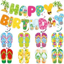 Summer Birthday Party Decorations, Hawaii Happy Birthday Banner, Flip Flop Sl...