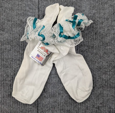 Vintage Nylon Socks Womens 8-9.5 Coquette Cream Teal Frilly Church Event Glam