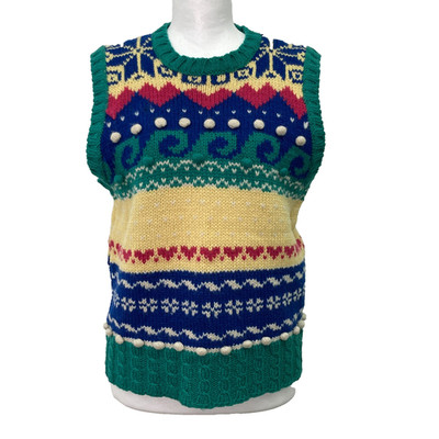 VTG Shetland Wool Sweater Vest Womens L Coastal Novelty Fair Isle Folk hearts