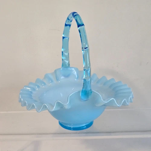 Fenton *Blue Overlay* Ruffled Edge Art Glass Basket with Reed Handle 7"