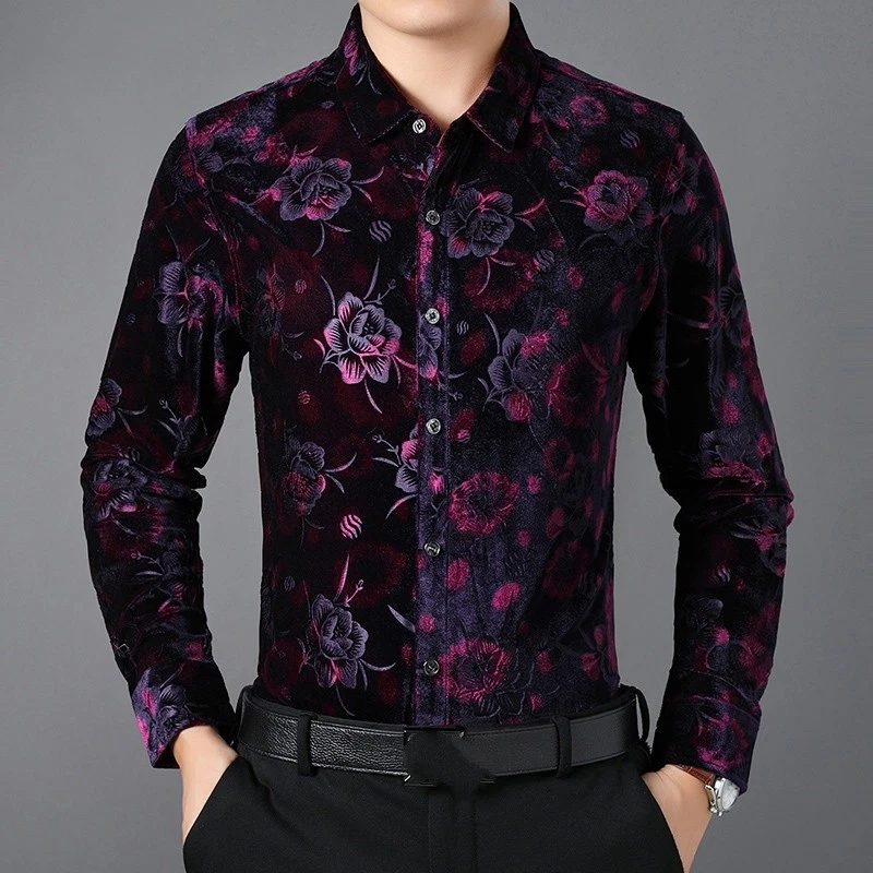 Retro Men Floral Velvet Shirt Slim Casual Long Sleeve Blouse Top Wedding Party - Image 2 of 4
