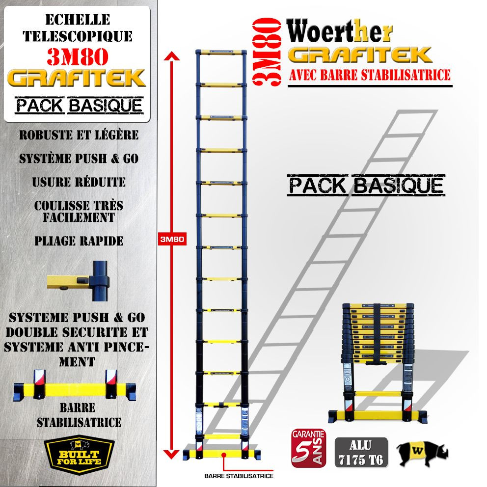 Échelle télescopique Woerther Grafitek 3m80 escabeau alu réglable pour artisan