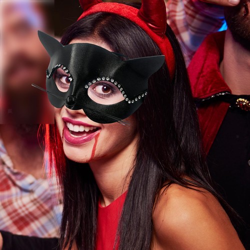 Black Cat Mask Animal with Whiskers Delicate Masquerade Mask for Show Cosplay - Picture 6 of 7