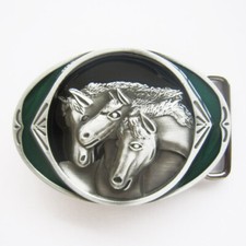 Three Horses Western Oval Cowboy Rodeo Green Enamel Metal Belt Buckle