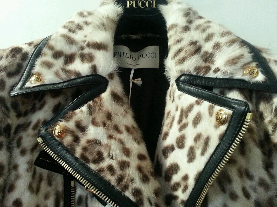 Emilio Pucci Piel Genuina Leopardo Animal Print Marrón Motociclista Chaqueta Pelo de Cabra M Foto 3 de 4