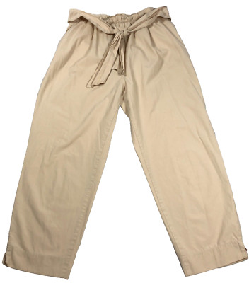 Zara Basic Womens Pants Sz L Beige Pleated High Rise Faux Back Pocket Tie-Waist