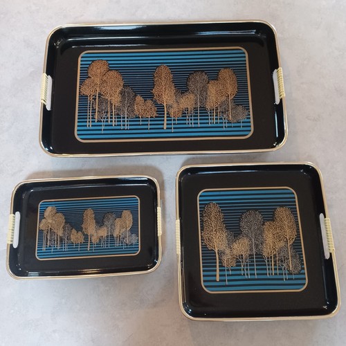 Vintage MCM Japan Lackgeschirr schwarz Satzschalen 3er Set 80er Bäume blau gold