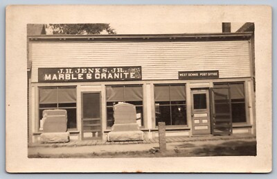 c1910 RPPC POST OFFICE & JH JENKS GRANITE /GRAVESTONES WEST DENNIS CAPE COD MA.
