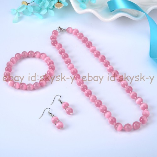 Multicolor 8/10/12mm Round Mexican Opal Cat's Eye Necklace Bracelet Earrings Set - Picture 26 of 44