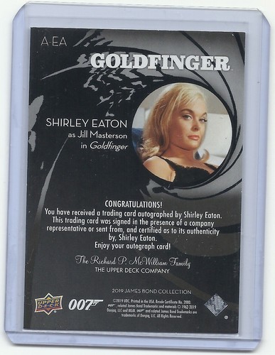 Upper Deck 2019 James Bond Shirley Eaton Jill Masterson autógrafo tarjeta automática A-EA - Imagen 2 de 2