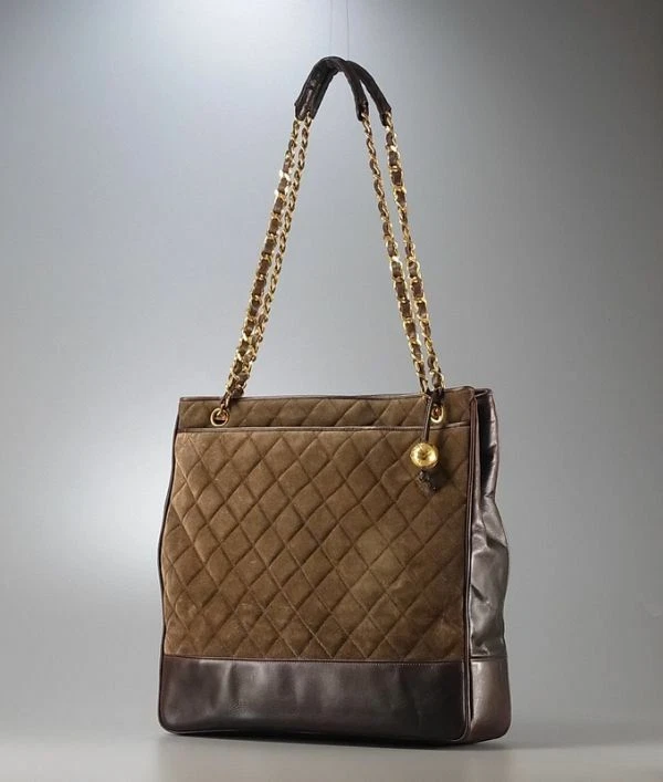 AUTH CHANEL Brown Gold Suede TOTE SHOULDER BAG