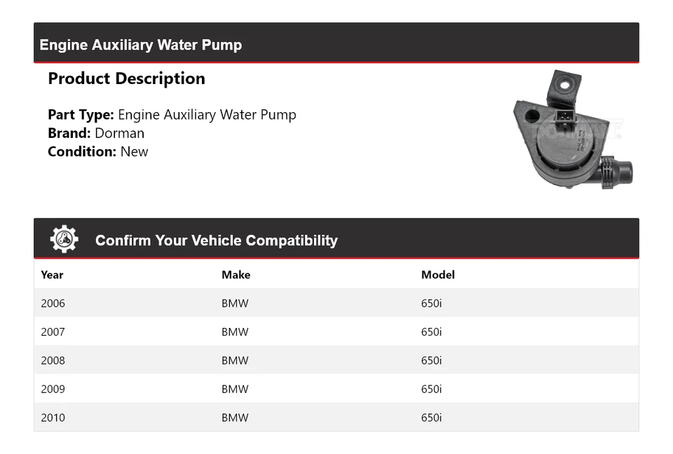 适用于 2006 - 2010 宝马 650i Dorman 发动机辅助水泵 2007 2008 2009 — 第 2/4 张图片
