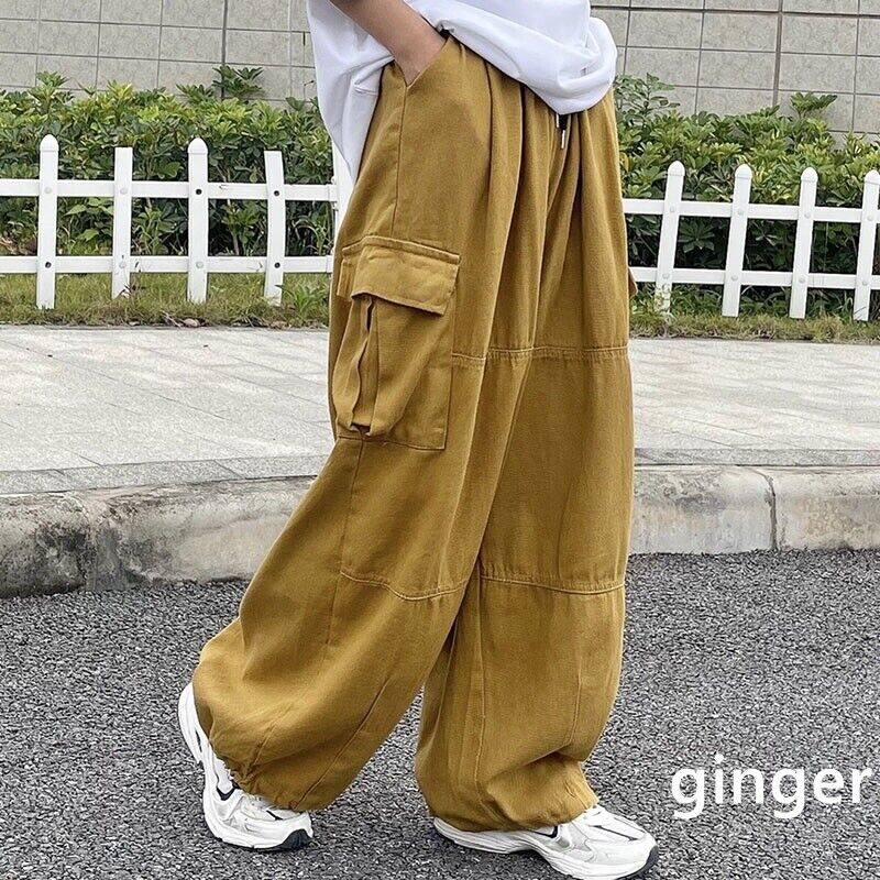 Women Cargo Pants Trousers Wide Leg Baggy Drawstring Waist Pockets Japanese