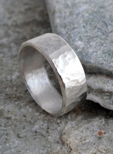 Thick Wide Hammered Dainty GS Silver Micro Handmade Unisex Band Jewelry Ring - Picture 3 of 6