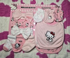 12-Set Pink White Baby Girl Hello Kitty Mittens, Bibs, Socks Headbands - New