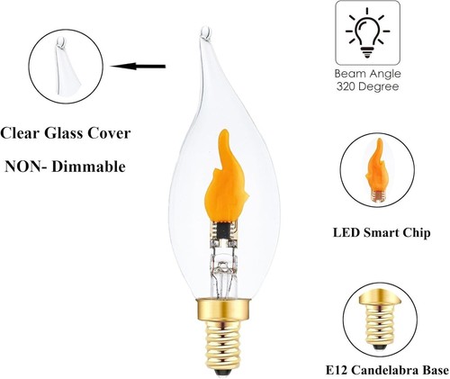 Flickering Flame LED Candelabra Bulbs - Clear Glass CA11 Shape, 6-Pack for Décor - Picture 6 of 8
