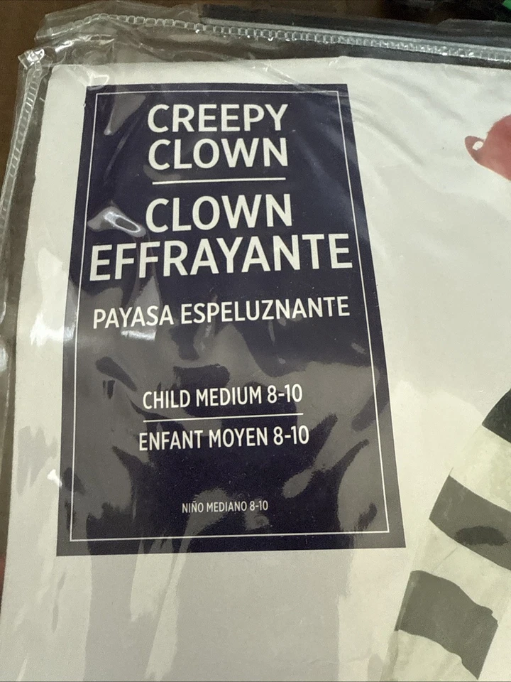 全新无标签令人毛骨悚然的小丑儿童服装 Med 8-10 万圣节乳胶面具加长手臂声音 — 第 2/4 张图片