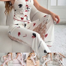 Womens Casual Two Piece Pajamas with Mesh Stitching and Printed Design