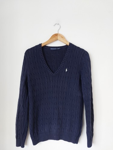 Ralph Lauren Pullover Zopfmuster V-Ausschnitt dunkelblau 100% Baumwolle Gr.L UK12