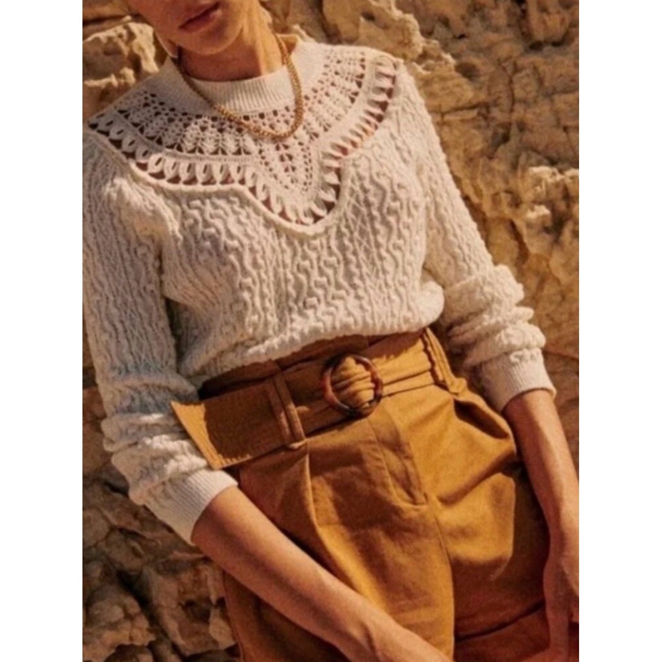 Sezane Alessandro Jumper Women's XXS Crochet Yoke Pullover Sweater Cream NWT image 4