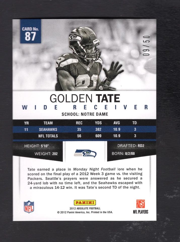 2012 Absolute Spectrum Silver #87 Golden Tate 9/50 - Image 2 of 2