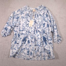 Elie Tahari Blouse Womens 2X Blue Floral Tassel 3/4 Sleeve Tunic Top Boho Cotton