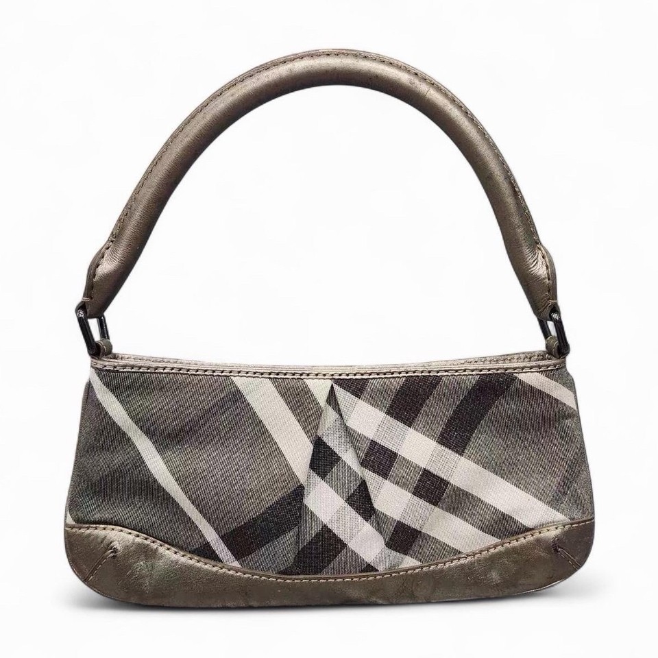 Burberry Plaid Grey Black White Canvas Leather Top Handle Handbag Zip Silver