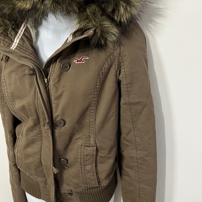 Hollister Bomber Jacket Women Size L Brown Faux Fur Hood Y2K Bella