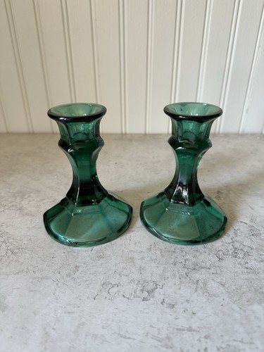 Vintage Indiana Glas Sechseck Grün Kerzenständer 2er Set - Bild 1 von 5