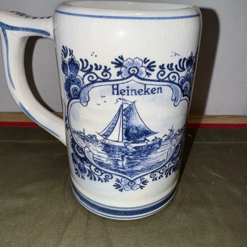 Heineken Beer Mug Stein 5 1/4" Hand Painted Delft Blue Delftsche Huys Holland 