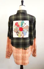Boho Flannel Shirt Shacket Upcycled L Ombre Cottagecore Cowgirl Grunge Folk Art