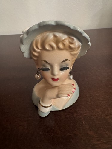 Vintage 3.5” Light Blue Lady Head Vase Inarco 1962 Hard To Find Mini E-774