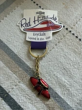 New RED HATTITUDE Keychain Red Hat Society 18kt. Gold Layered Hat & Bow 3.5”