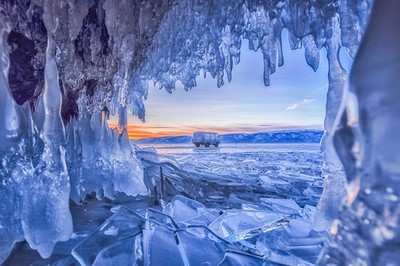 Ice Cave at Lake Baikal Russia at Sunset Photo Art Print Poster 18x12
