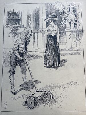 Antique Drawing LAWN MOWER BOY  Female Model American Book ILLUSTRATION LISTED