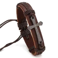 Unisex Brown Leather Cross Bracelet Stackable Adjustable Tie New Free Ship 8762