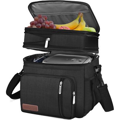 BalladHome Borsa Termica Porta Pranzo 10L Borsa Termica Borsa Frigo Con Doppio Scomparto, Cinghia Regolabile E Chiusura Con Cerniera, Per Uomo E Donna, Lavoro, Scuola (Nero)-A
