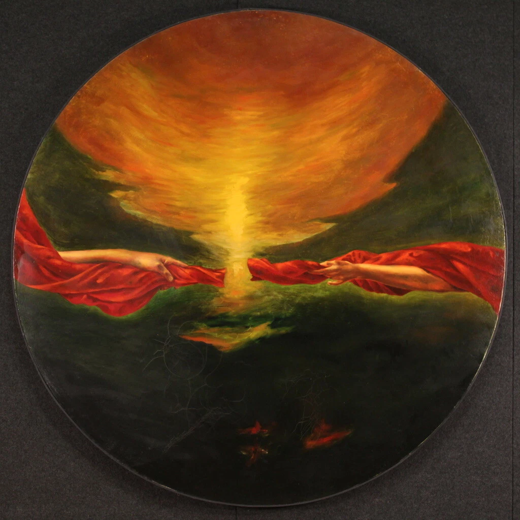 Pintura italiana redonda oleo sobre lienzo firmada fechada 1988 expresionista