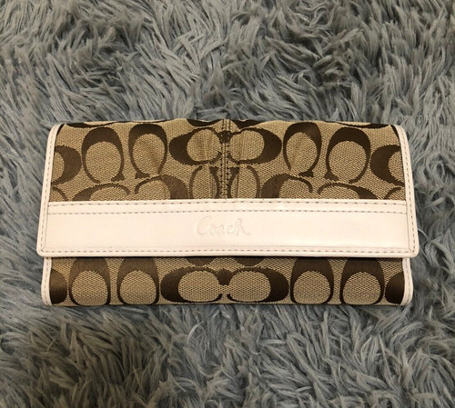 Coach Ashley Signature Jacquard Tan/Brown/Ivory Trifold Wallet Checkbook Insert