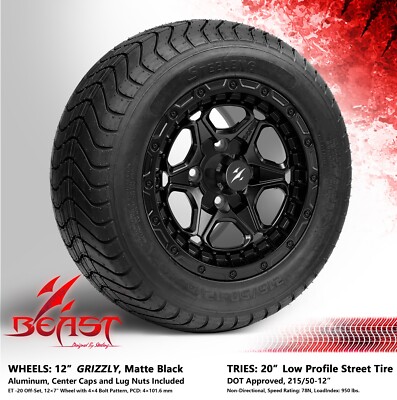 4x GOLF CART 12'' MATTE BLACK GRIZZLY WHEELS and 215/50-12 COMFORT RIDE DOT TIRES