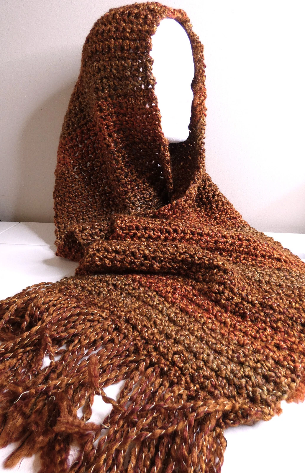 Brown Wrap Long Wide Head Scarf Handmade Crochet Hand Knit Winter Warm Shawl NWT