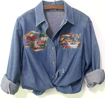 Cabin Creek Fall Denim Shirt Embroidered Pumpkins Covered Bridge Apple Harvest L